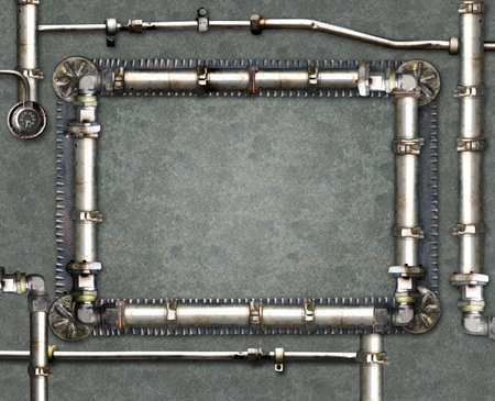 Vintage steampunk decoration with pipe frame. Retro pipelines and pipe elbow. Industrial backdrop with old pipeline. Oil, gas or steam pipeline with fittings and valves. Copy space for textの写真素材