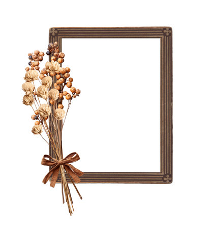 Set of bouquets of dried flowers and twigs with berries, tied with a burlap bow. Collection of dry pressed leaf and flower. Nostalgic scrapbooking kit. Isolated on white backgroundの写真素材