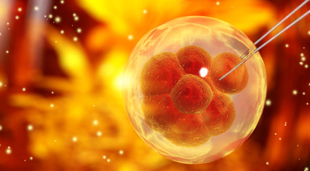 Genetic engineering, GMO and gene manipulation concept. Hi Tech technology in field of genetic engineering. Cellular Therapy. Horizontal banner with copy space for text. 3d renderの写真素材