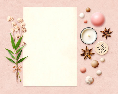 Horizontal eco backdrop. Blank paper sheet, green leaf, dry flower, star anise, candle, wooden bead. Ecology, environmental conservation and zero waste concept. Mockup template. Copy space for textの写真素材