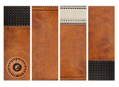 Set of leather banners of brown, beige and black colors with bronze rivets and round label. Decorative backdrop with brown and black color cowhide texture. Mock up template. Copy space for textの写真素材