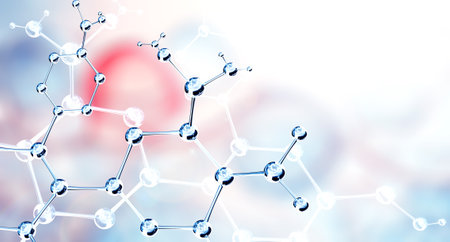 Horizontal banner with model of abstract molecular structure. Background of blue color with glass atom model. Copy space for your text. 3d renderの写真素材