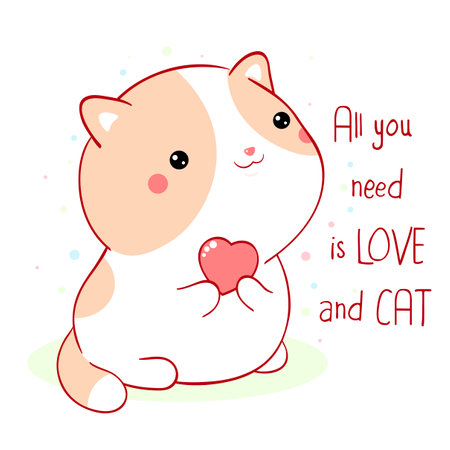 Square poster with cute kitten. Valentine's Day card with funny fat cat and pink heart.  Inscription All you need is love and cat. Can be used for greeting card, t-shirt print, sticker. Vector EPS8のイラスト素材