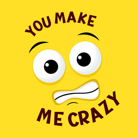 Funny emoji. Crazy face emoticon on yellow background. Inscription You make me crazy. Can be used with t-shirt, stickers, card design. Vector illustration EPS8のイラスト素材