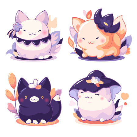 Hello autumn. Set of little kitty in kawaii style. Tiny baby cat in multiple poses. Cute kitten expression sheet collection. Can be used for t-shirt print, sticker, greeting card. Vector EPS8のイラスト素材