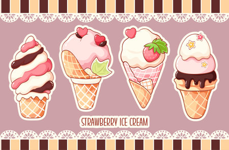 Set of strawberry ice cream in kawaii style for sweet design. Sundae, gelato in waffle cone. Cute summer food collection in retro style. Vector illustration EPS8のイラスト素材