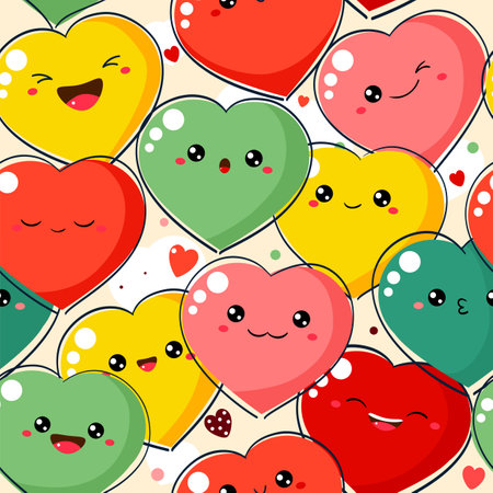 Seamless pattern with cartoon hearts with emoji faces. Cute Valentine print in kawaii style. Endless texture can be used for textile pattern fills, t-shirt design, web page background. Vector EPS8のイラスト素材