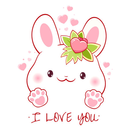 Cute Valentine card in kawaii style. Lovely little bunny with pink heart. Inscription I love you. Can be used for t-shirt print, stickers, greeting card design. Vector illustration EPS8のイラスト素材