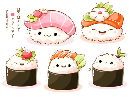 Set of cute sushi and rolls in kawaii style with smiling faces. Japanese traditional cuisine dishes. Can be used for t-shirt print, sticker, greeting card, menu design. Vector illustration EPS8のイラスト素材