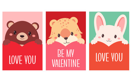Set of Valentine's day card with cute animals. Baby collection of gift tag with animal - bear, leopard, bunny. Template holiday banner, sticker for decoration, congratulation, invitation. Vector EPS8のイラスト素材