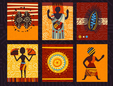 Set of eye-catching card, banner, background, flyer, placard with ethnic ornaments. Collection of cards, gift tags, labels or posters templates with african tribal motifs. Vector illustration EPS8のイラスト素材