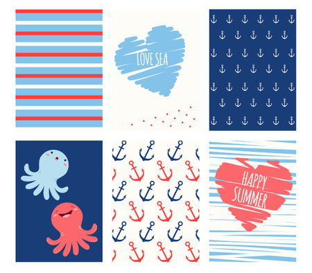 Nautical Theme card, banner, background, flyer, placard set. Collection of Marine party poster, gift tag, label template. Card for summer vacation or holiday of white, red, blue color. Vector EPS8のイラスト素材