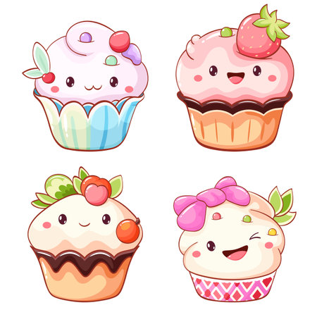 Set of cute sweet desserts in kawaii style with smiling face and pink cheeks. Cake, muffin and cupcake with whipped cream, cherry and strawberry. Vector illustration EPS8のイラスト素材
