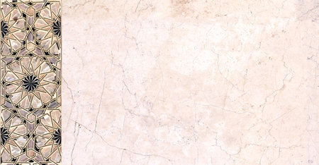 Horizontal or vertical background with traditional moroccan tile decoration. Detail of ancient mosaic with mother-of-pearl ornaments and pink marble texture. Mock up template. Copy space for textの写真素材