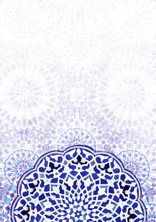 Detail of traditional persian mosaic wall with geometrical and floral ornament, Iran. Horizontal or vertical background with ceramic tile of blue color. Mock up template. Copy space for textの写真素材