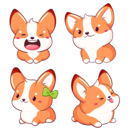 Set of little dog in kawaii style. Tiny corgi puppy in multiple poses. Cute pet expression sheet collection - funny, happy, surprised, sticking out tongue. Vector illustration EPS8のイラスト素材