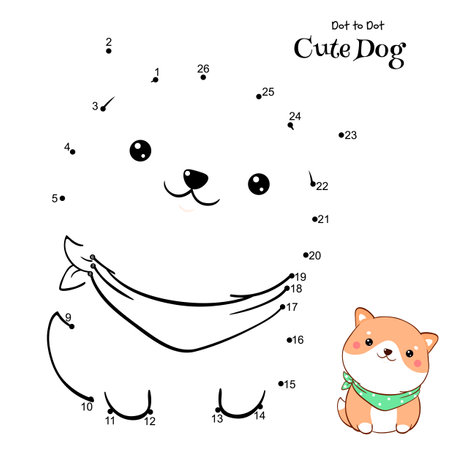 Connect The Dots and Draw Cute Dog. Dot to dot puzzle with cartoon little shiba inu puppy. Educational Game for Kids. Drawing for Preschool children. Vector Illustration EPS8のイラスト素材