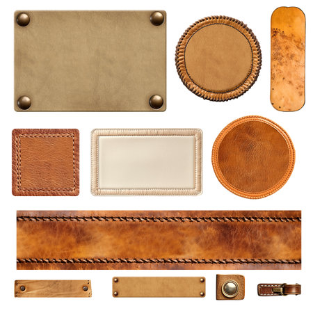 Set of leather elements. Collection of belt of black and brown color, leather tag and label, metal button and rivets, metallic decorative ornament. Isolated on white backgroundの写真素材