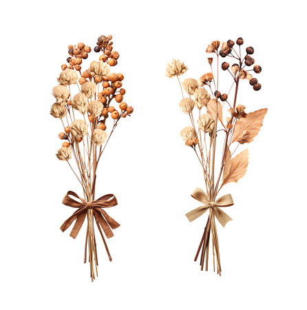 Set of bouquets of dried flowers and twigs with berries, tied with a burlap bow. Collection of dry pressed leaf and flower. Nostalgic scrapbooking kit. Isolated on white backgroundの写真素材