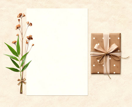 Horizontal eco backdrop. Blank paper sheet, green leaf, pressed dry flower, craft paper wrapped gift. Ecology, environmental conservation and zero waste concept. Mockup template. Copy space for textの写真素材
