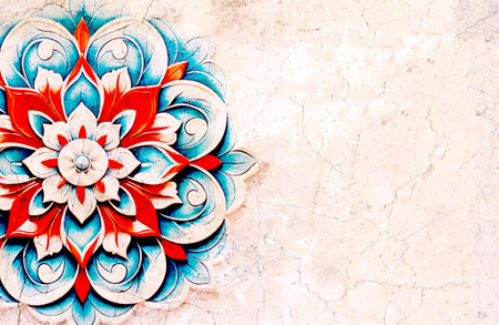 Detail of traditional persian mosaic wall with geometrical and floral ornament, Iran. Horizontal or vertical background with ceramic tile. Mock up template. Copy space for textの写真素材