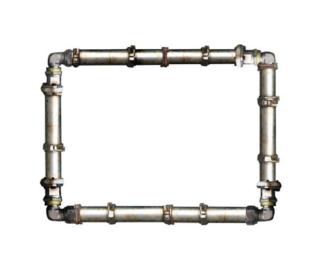 Vintage steampunk decoration with pipe frame. Retro pipelines and pipe elbow. Industrial backdrop with old pipeline. Oil, gas or steam pipeline with fittings and valves. Isolated on white backgroundの写真素材