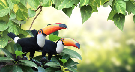 Horizontal banner with two beautiful colorful toucan birds (Ramphastidae) on a branch in a rainforest. Couple of toucan bird and leaves of tropical plants on sunny  background. Copy space for textの写真素材
