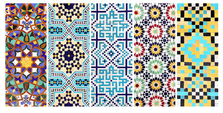 Set of vertical or horizontal banners with detail of ancient mosaic walls with floral and geometric ornaments. Collection of backgrounds with traditional iranian tile decorationsの写真素材