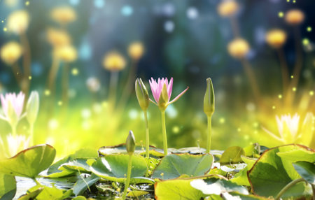 Horizontal banner with blossoming lotus flower on sunny nature spring background. Summer scene with lily flower in rays of sunlight. Close-up or macro. A picturesque colorful photo with a soft focusの写真素材