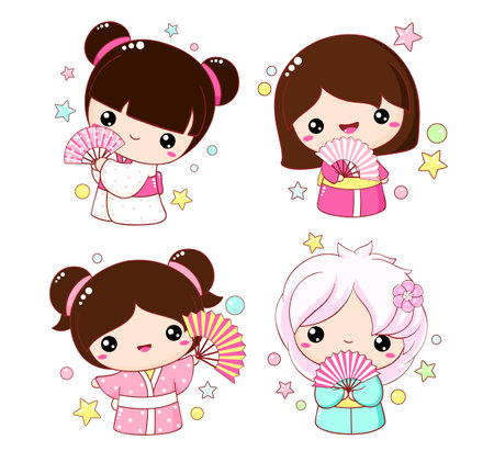 Set of cute little girls with fans in kawaii style. Hanami season collection of Japanese traditional toy kokeshi doll in kimono. Vector illustration EPS8のイラスト素材