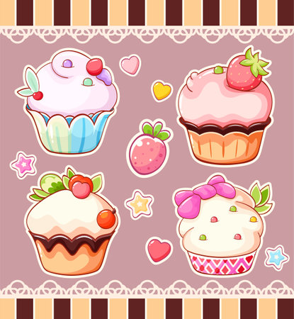 Set of stickers with cute sweet desserts in kawaii style. Cake, muffin and cupcake with whipped cream, cherry and strawberry. Vector illustration EPS8のイラスト素材