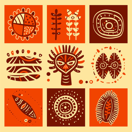 Eye-catching square card, banner, background, flyer, placard with ethnic ornaments. Gift tag, label or poster template with african tribal motifs. Vector illustration EPS8のイラスト素材