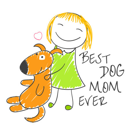 Dog Mom t shirt design with little girl and cute puppy. Sketch in hand drawn style. Pet Mom. Funny quote print with girl and dog. Can be used for sticker, mug, greeting card. Vector illustration EPS8のイラスト素材