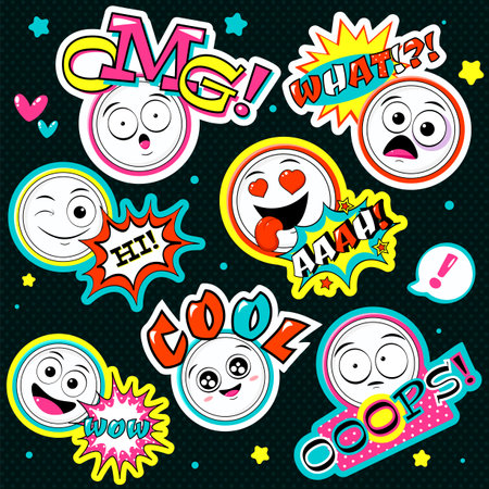Set of comic speech bubble with inscription: wow, what, omg, aaah, hi, cool and emoticons with different mood. Collection of emoji faces in different expression - happy, fear, crazy. Vector EPS8のイラスト素材