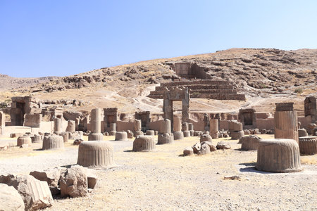 Ruins of Palace of 100 columns and tomb of Artaxerxes III, located on the slope of Rahmet Mount, Persepolis, Iranの写真素材