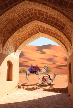 Ancient arch at entrance to desert. View of sand dunes through stone arch. Travel, resort, vacation and holiday concept. Beautiful desert landscape with sand dunes and camels in a colorful horse-clothの写真素材