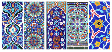 Set of vertical or horizontal banners with detail of ancient mosaic walls with floral and geometric ornaments. Collection of backgrounds with traditional iranian tile decorationsの写真素材