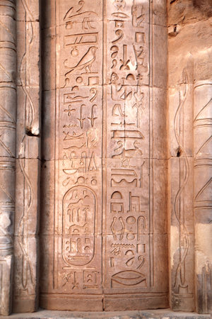 Ancient Egyptian hieroglyphs on stone wall, Com Ombo Temple of gods Horus and crocodile-headed Sobek, Egypt, North Africa.  Com-Ombo Temple wall and columns with carvings hieroglyphsの写真素材