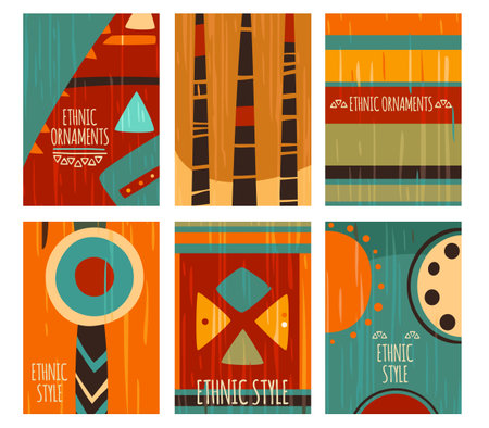 Set of eye-catching card, banner, background, flyer, placard with ethnic ornaments. Collection of cards, gift tags, labels or posters templates with african tribal motifs. Vector illustration EPS8のイラスト素材
