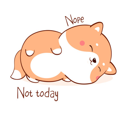 Square card with a lying lazy dog and inscription Nope Not today. Funny sleeping fat shiba inu puppy in kawaii style. Vector illustration EPS8のイラスト素材