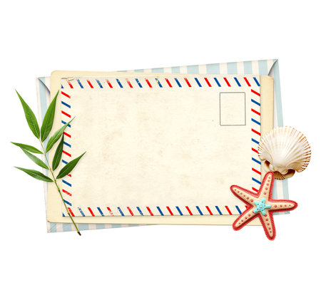 Vintage post card, envelope and souvenirs - green leaf, felt starfish, shell. Retro postcard with decorative border. Horizontal vacation backdrop. Isolated on white background. Copy space for textの写真素材
