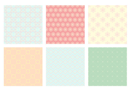 Set of seamless patterns of blue, ivory, pink and green color. Childish style tiling pattern collection. Endless texture can be used for pattern fills, web page background, fabric texture. Vector EPS8のイラスト素材
