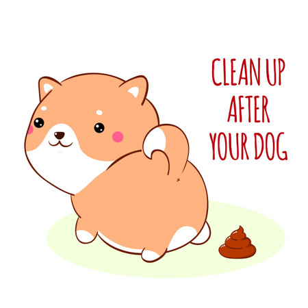 Clean up after your dog. Cute little shiba inu and her excrement. Cleaning up dog droppings. Vector illustration EPS8のイラスト素材
