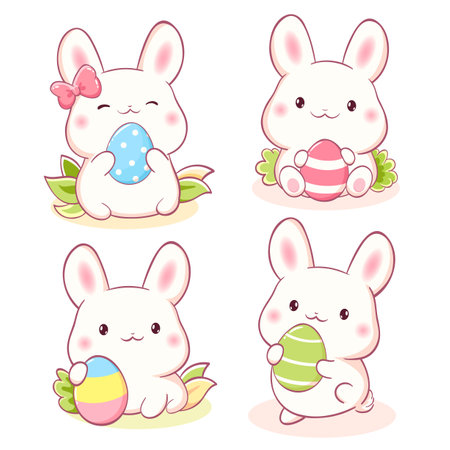 Set of little bunny in kawaii style. Tiny baby rabbits with Easter eggs. Cute Easter rabbit collection. Can be used for t-shirt print, sticker, greeting card. Vector illustration EPS8のイラスト素材