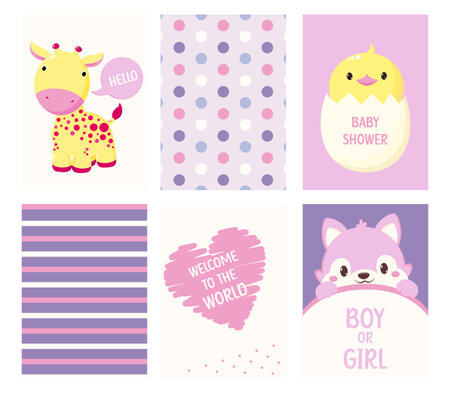 Set of cute baby shower invitation card for baby and kids new born celebration. Collection of baby shower card, nursery poster with cartoon baby animal dog, giraffe, chicken. Vector illustrations EPS8のイラスト素材