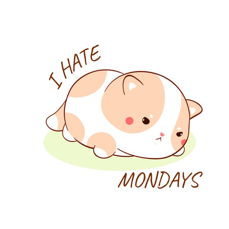 Pet is bored at home alone. Cute disgruntled cat on the floor and lettering I hate mondays. Tired, depression, sadness, fear of routine concept. Sad and frustrated kitty on Monday morning. Vector EPS8のイラスト素材