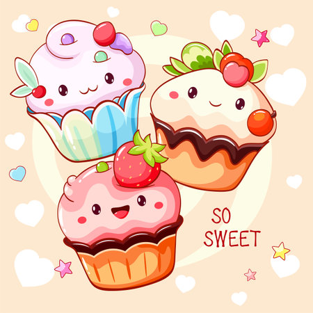 Card with cute dessert in kawaii style. Cake, muffin and cupcake with whipped cream and berry. Inscription So sweet. Can be used for t-shirt print, sticker, greeting card. Vector illustration EPS8のイラスト素材