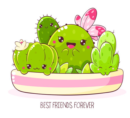 Cute cartoon cactus in flowerpot. Tiny cacti in kawaii style in flower pot. Inscription Best friends forever. Vector illustration EPS8のイラスト素材