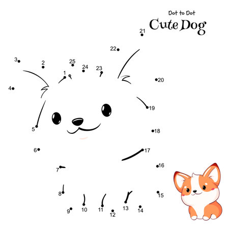 Connect The Dots and Draw Cute Dog. Dot to dot puzzle with cartoon little corgi puppy. Educational Game for Kids. Drawing for Preschool children. Vector Illustration EPS8のイラスト素材