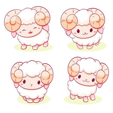 Set of little sheep in kawaii style. Tiny lamb in multiple poses. Cute pet expression sheet collection - funny, happy, surprised. Vector illustration EPS8のイラスト素材